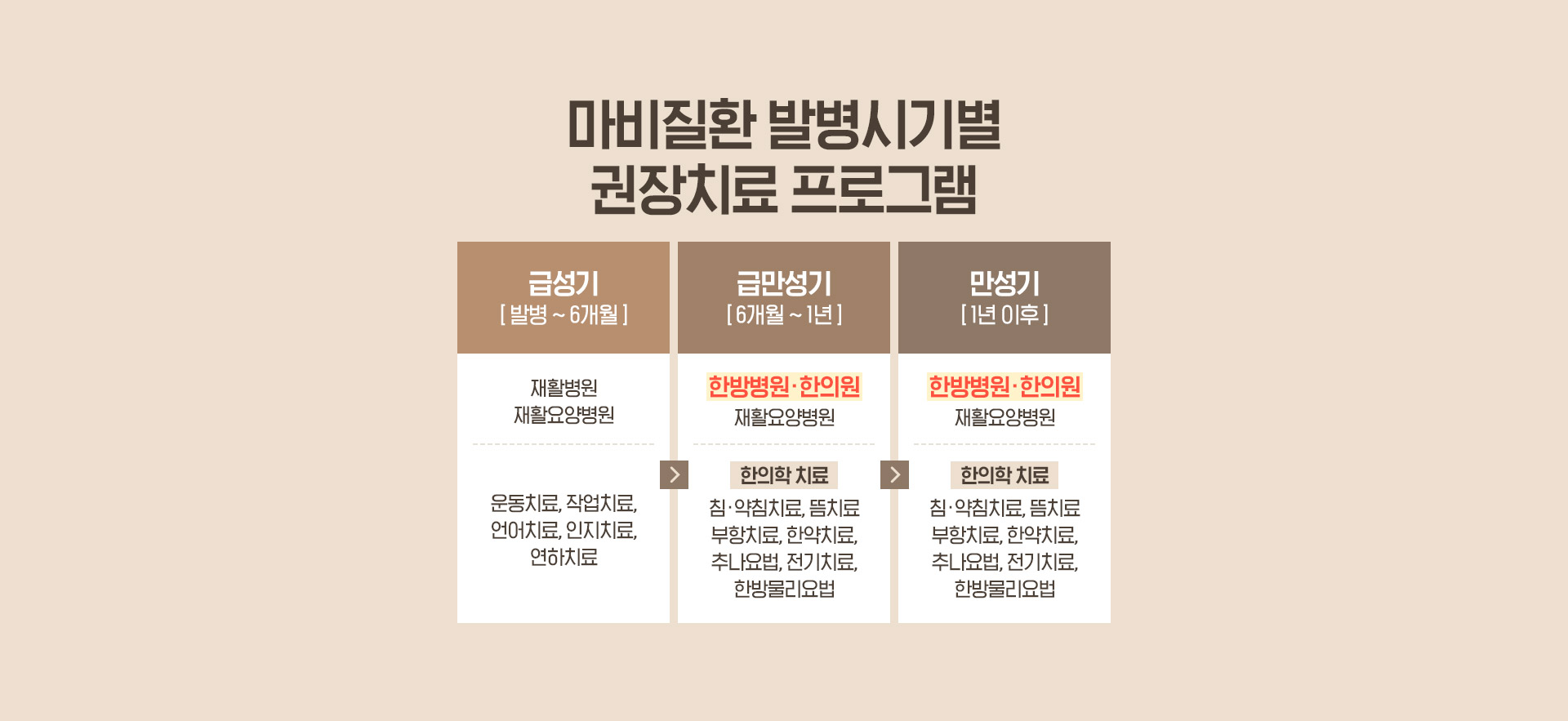 마비질환 질환 발병시기별 권장치료 프로그램